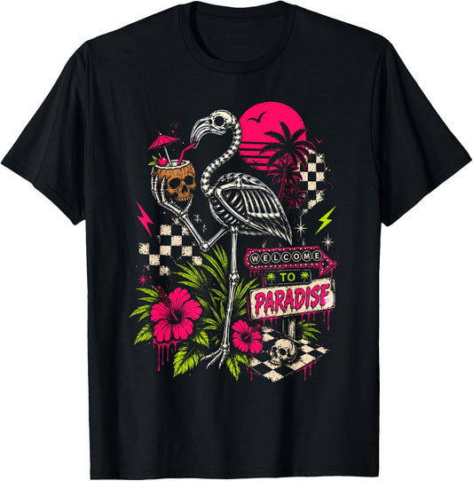 Welcome to Paradise Goth Summer Skeleton Flamingo Sunset T-Shirt - T-Shirt | Black