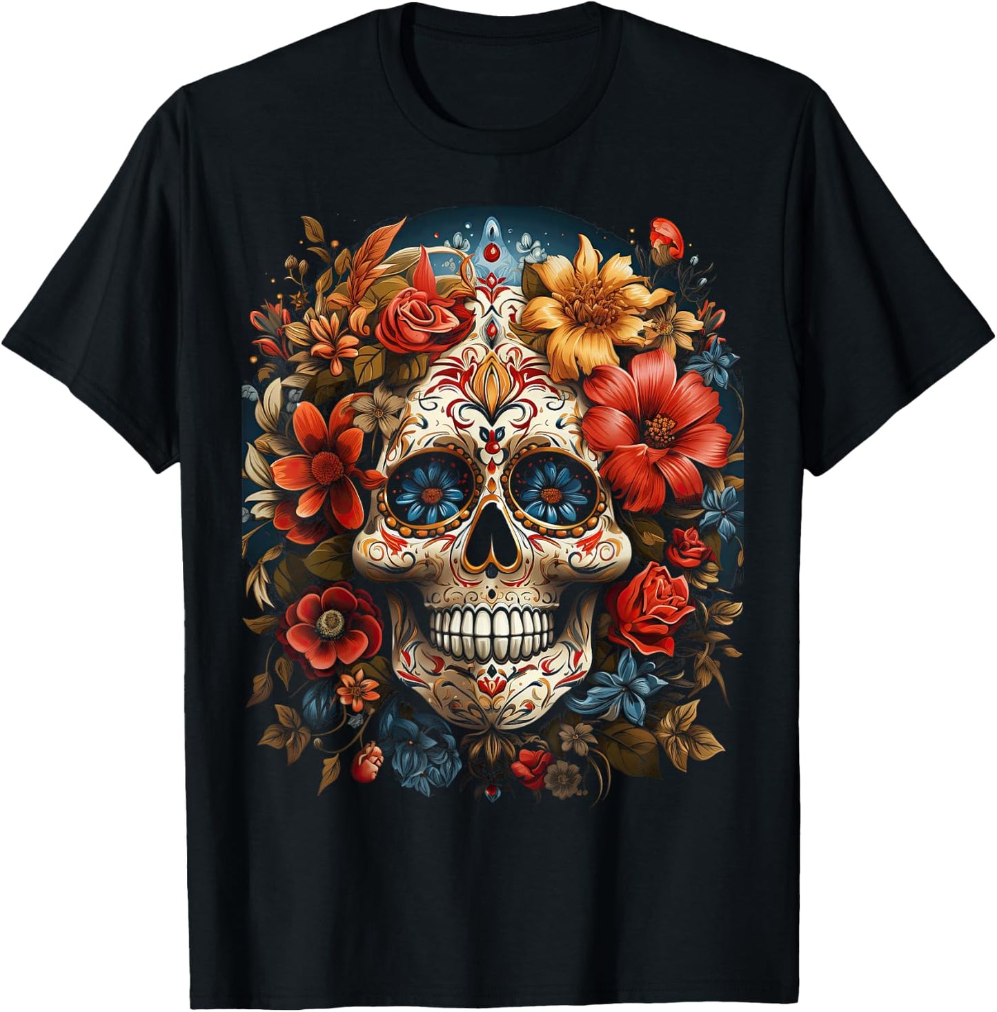 Day of The Dead Skull Schädel mit Blumen mexikanisches T-Shirt - T-Shirt | Black
