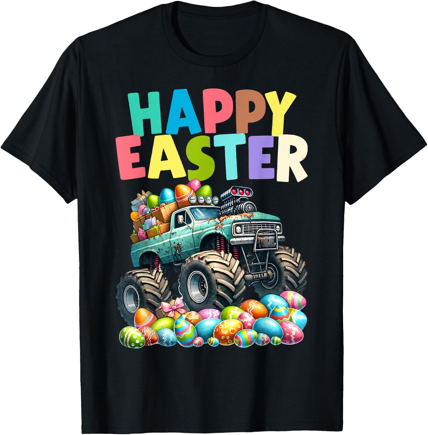 Boys Happy Easter Monster Truck Easter Eggs Hunt Toddler Kid T-Shirt - T-Shirt | Black
