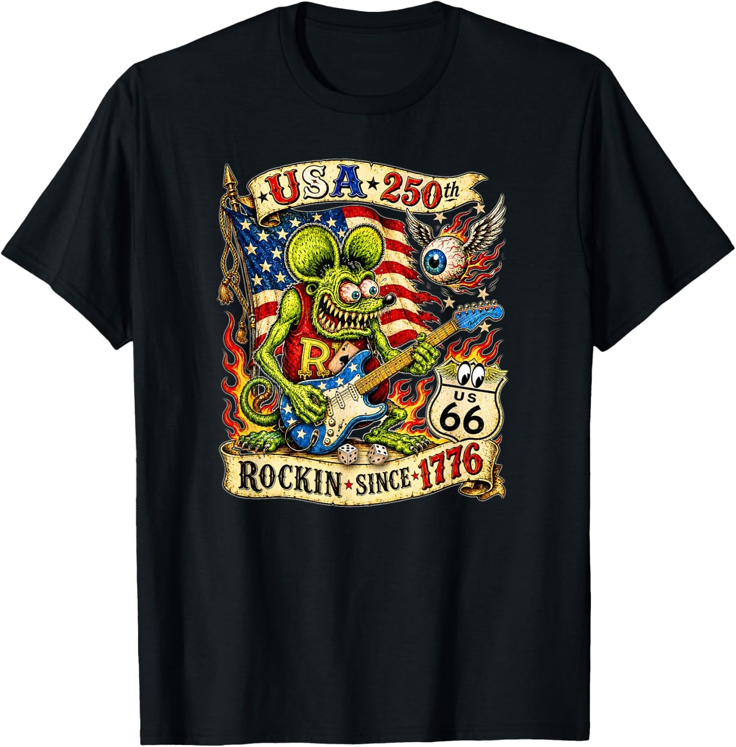 USA 250th Rat Fink US Highway 66 Guitar Flag Dice Ace Retro T-Shirt - T-Shirt | Black