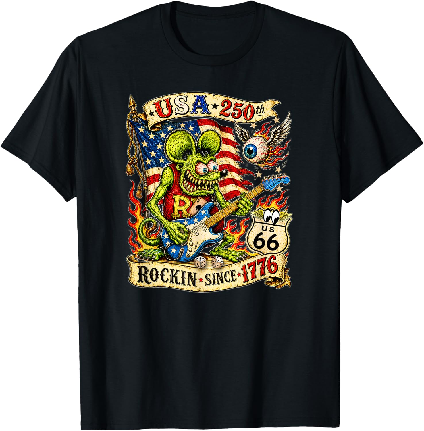 USA 250th Rat Fink US Highway 66 Guitar Flag Dice Ace Retro T-Shirt - T-Shirt | Black