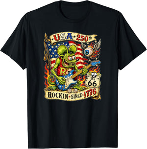 USA 250th Rat Fink US Highway 66 Guitar Flag Dice Ace Retro T-Shirt - T-Shirt | Black