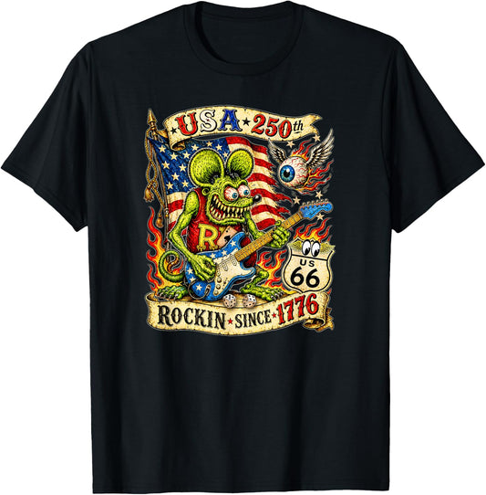 USA 250th Rat Fink US Highway 66 Guitar Flag Dice Ace Retro T-Shirt - T-Shirt | Black