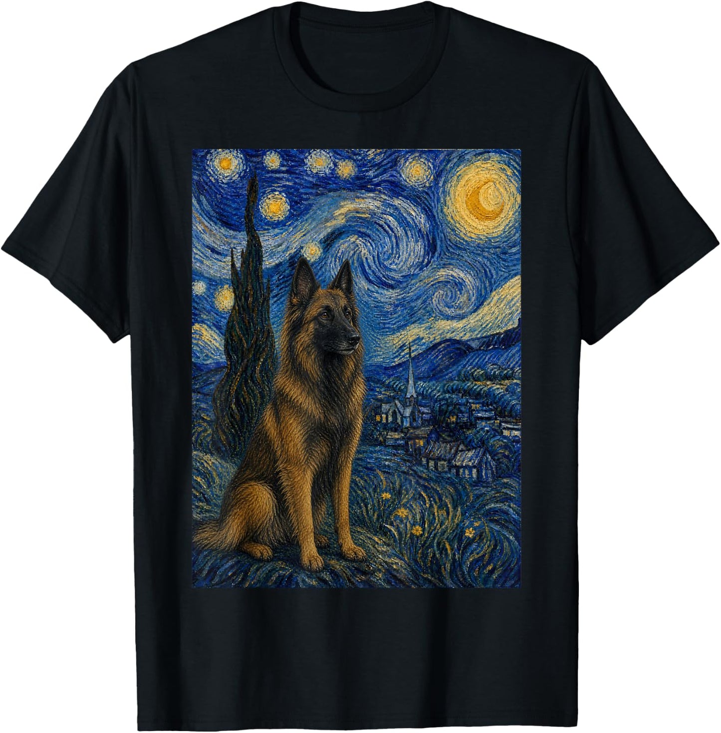 Belgian Tervuren Dog Van Gogh Starry Night T-Shirt - T-Shirt | Black