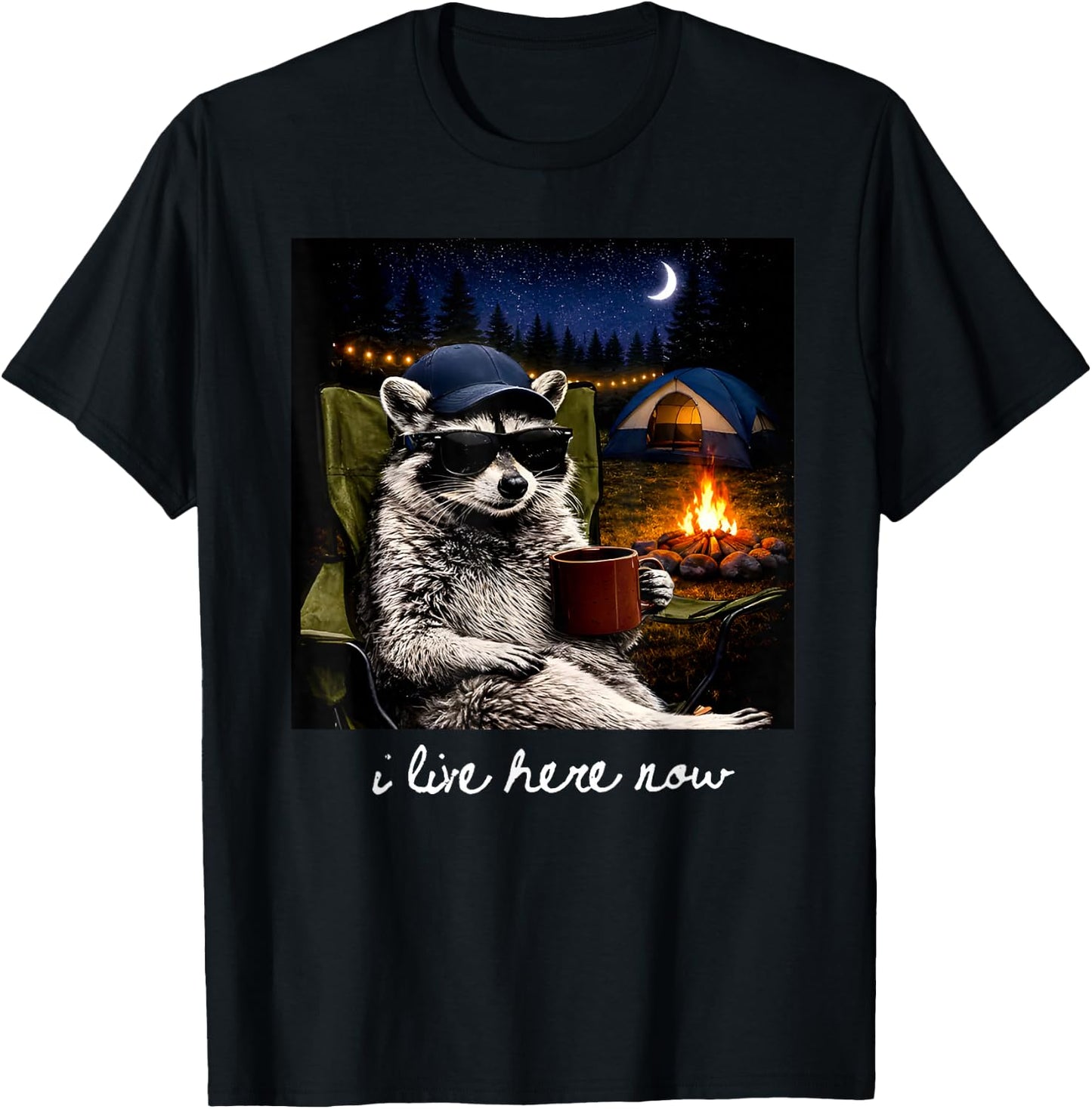 Camping Raccoon Funny Camping Crew Campfire I Live Here Now T-Shirt - T-Shirt | Black