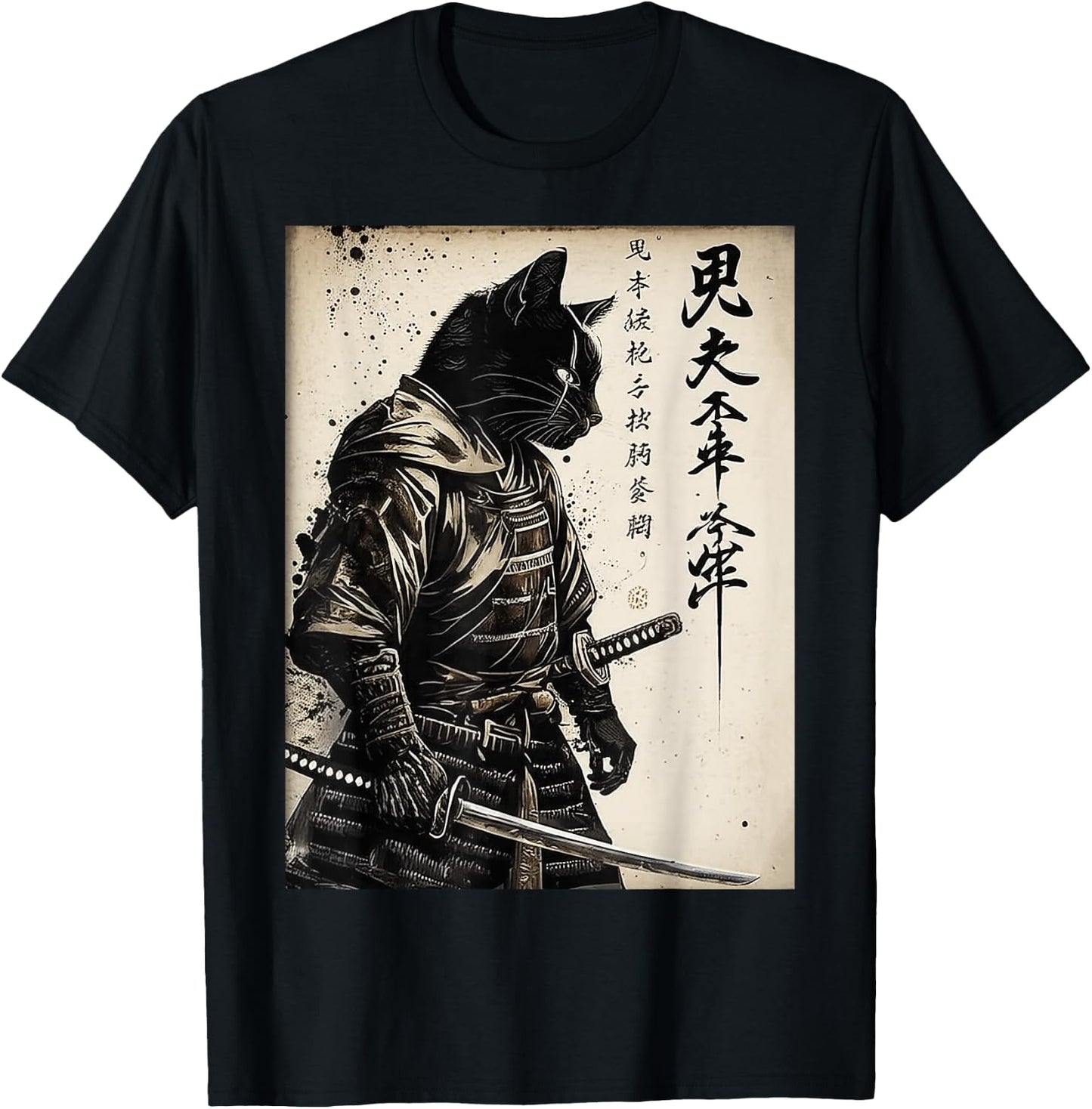 Samurai Cat Warrior Ukiyo-e Ink Artwork Gift Men Women T-Shirt - T-Shirt | Black