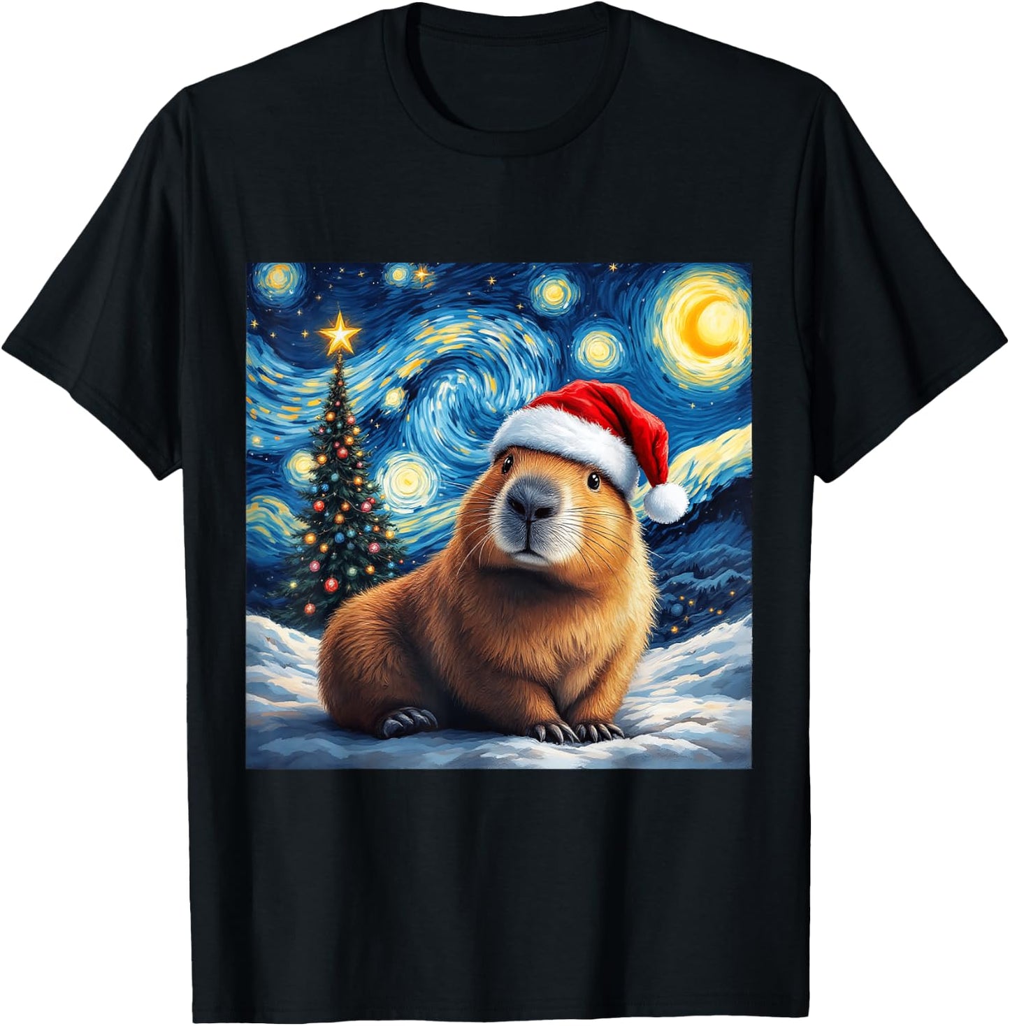 Christmas Capybara Santa Hat Van Gogh Starry Night Holiday T-Shirt - T-Shirt | Black