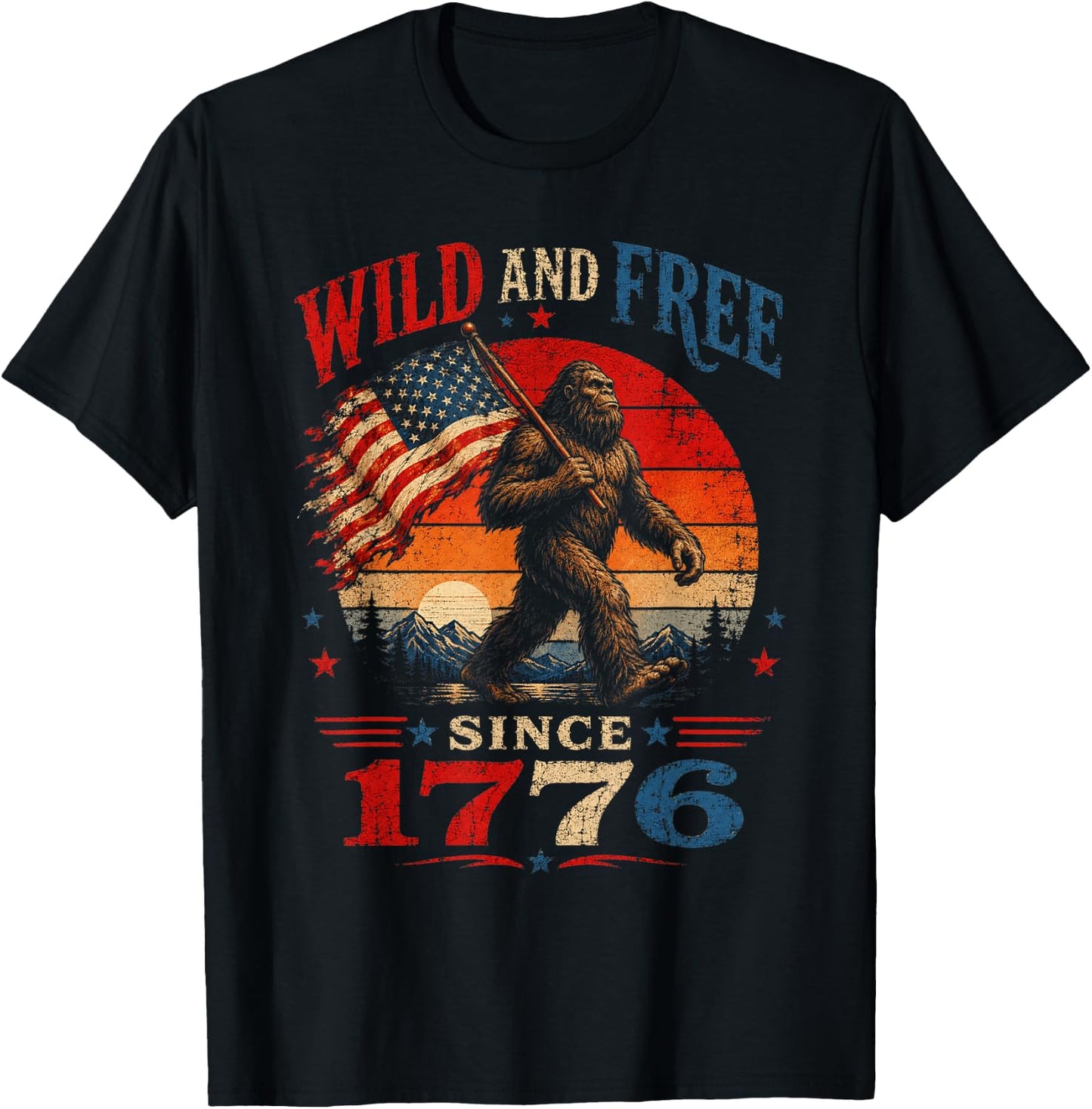 Patriotic Bigfoot Wild and Free Since 1776 American Flag T-Shirt - T-Shirt | Black