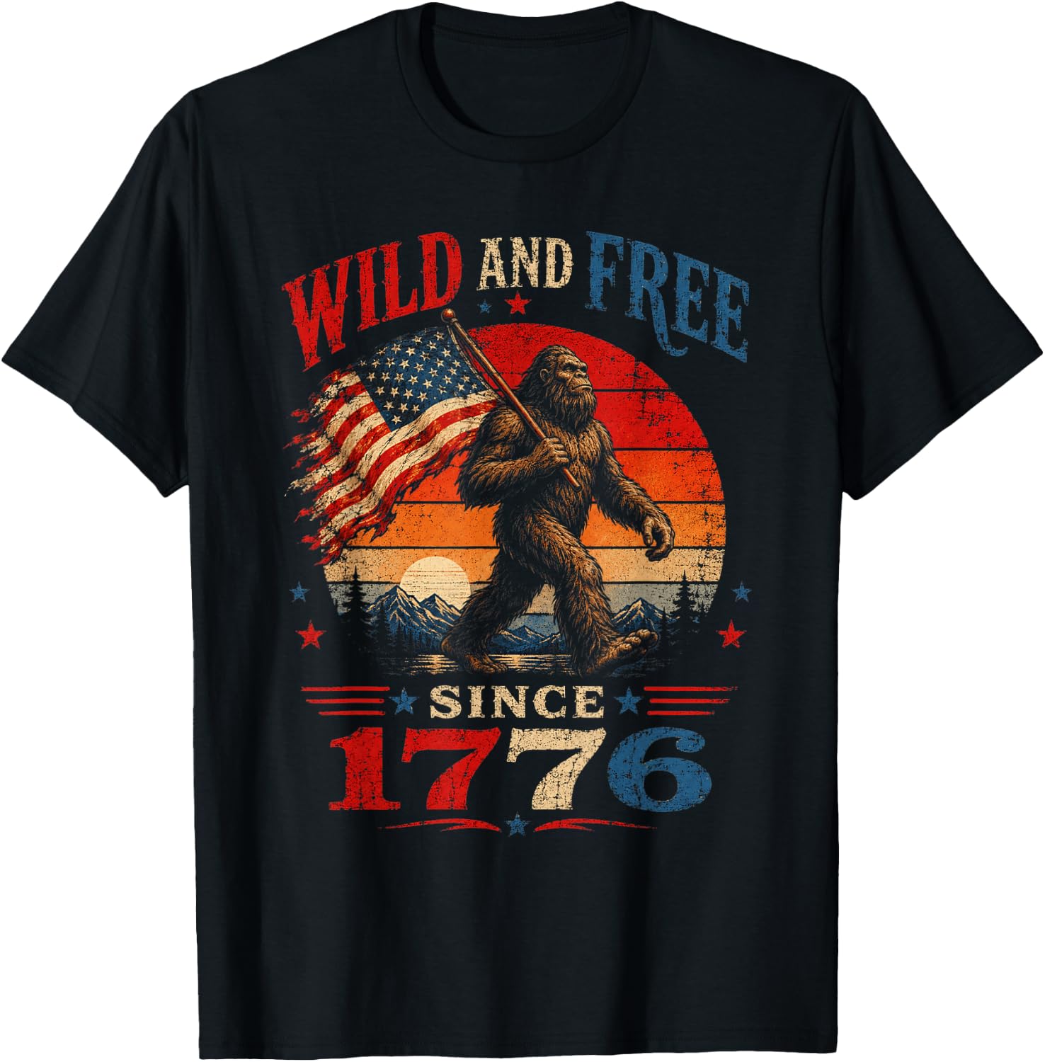 Patriotic Bigfoot Wild and Free Since 1776 American Flag T-Shirt - T-Shirt | Black