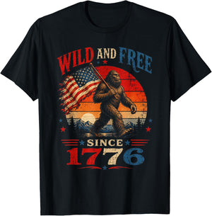 Patriotic Bigfoot Wild and Free Since 1776 American Flag T-Shirt - T-Shirt | Black