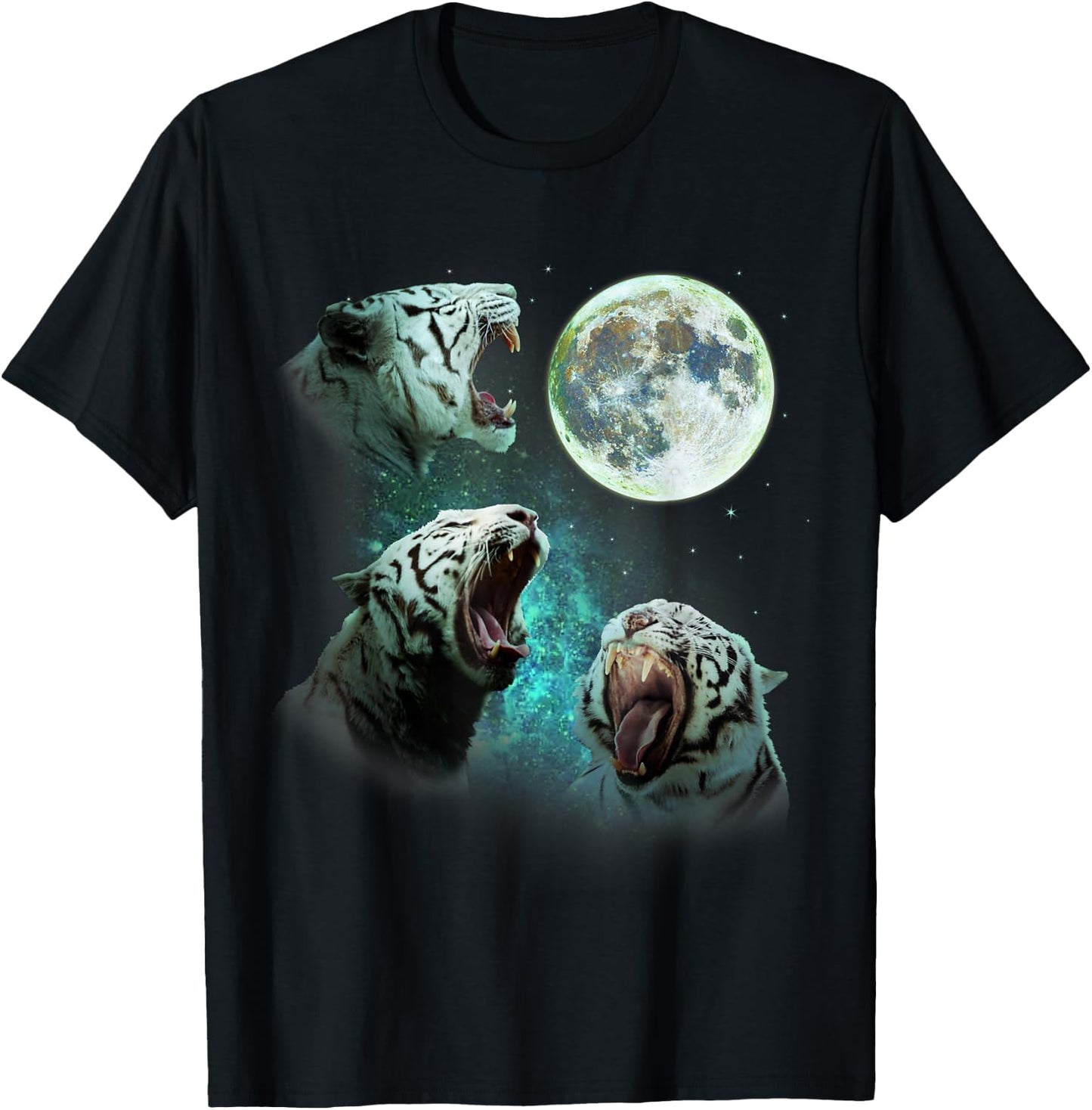 Three White Bengal Tigers Howl At Moon 3 Wolf Wolves Parody T-Shirt - T-Shirt | Black