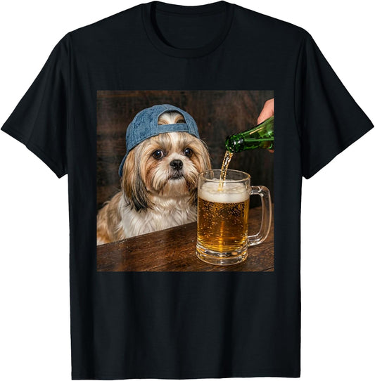 Shih Tzu Drinking Beer Funny Shih Tzu Dog Meme T-Shirt - T-Shirt | Black