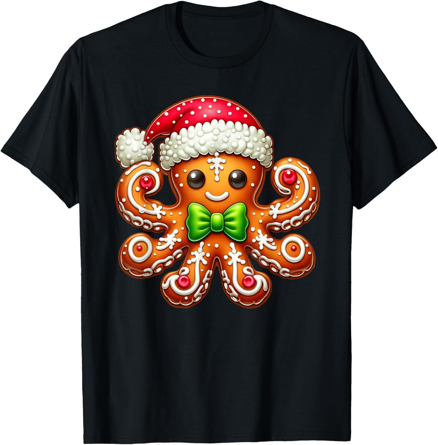 Funny Gingerbread Man Octopus Christmas Kids T-Shirt - T-Shirt | Black