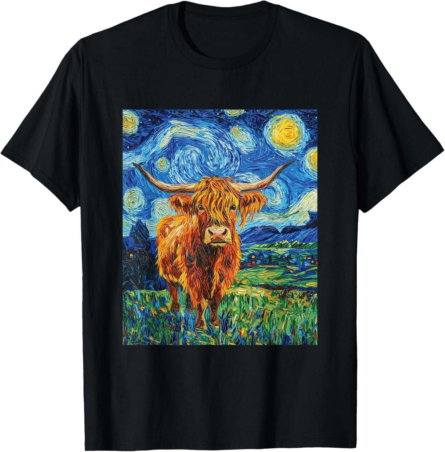Funny Highland Cow Graphic Van Gogh Style Starry Night T-Shirt - T-Shirt | Black