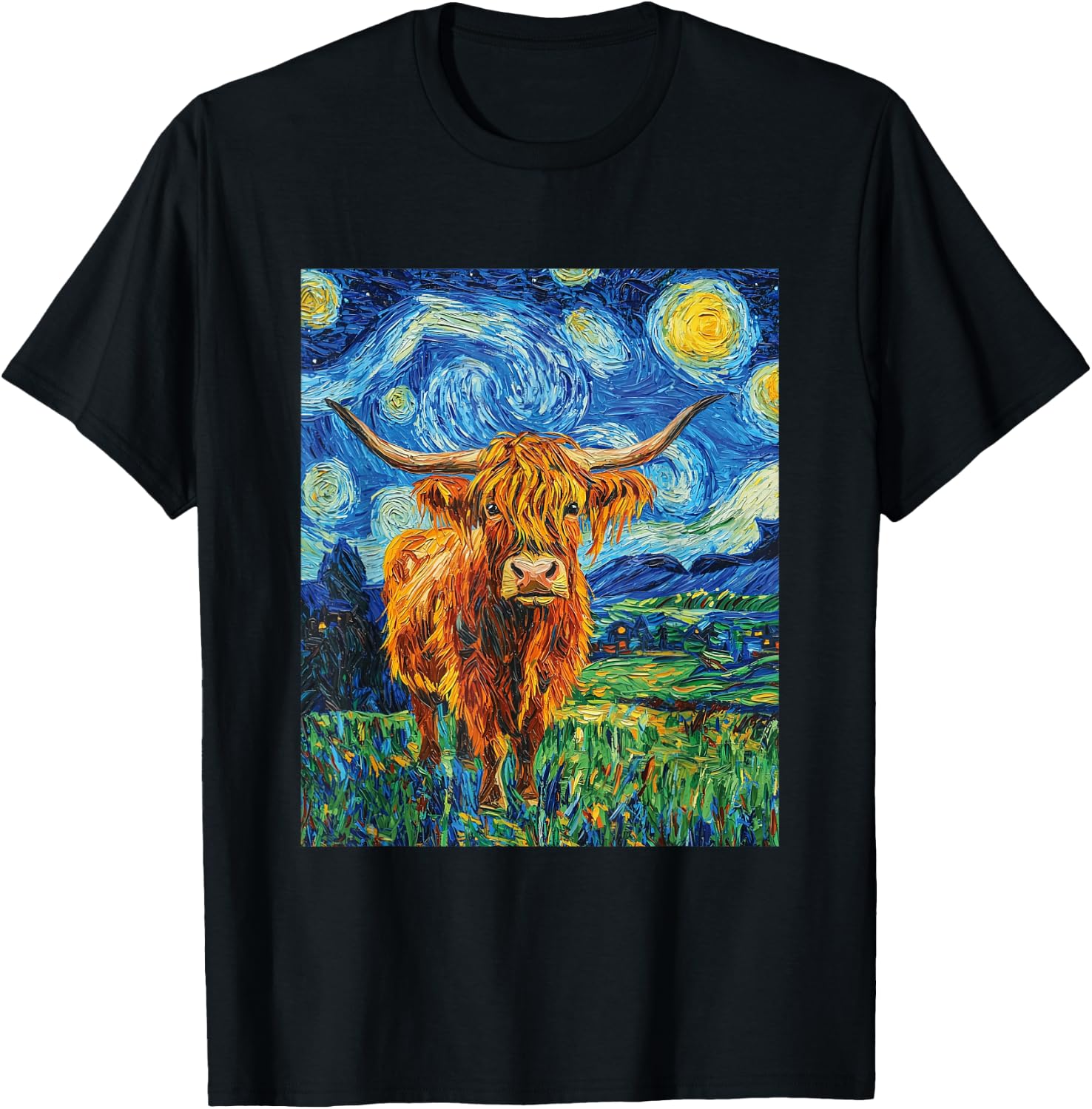 Funny Highland Cow Graphic Van Gogh Style Starry Night T-Shirt - T-Shirt | Black
