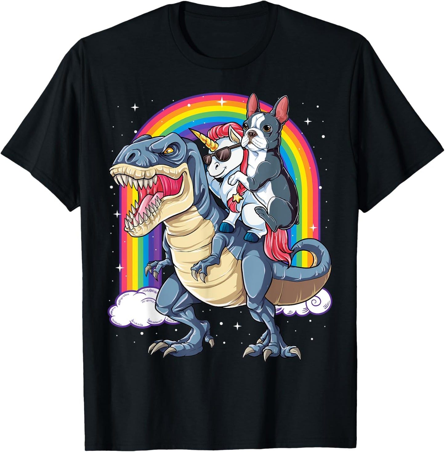 Boston Terrier Unicorn Riding Dinosaur T-rex Gift Boys Girls T-Shirt - T-Shirt | Black