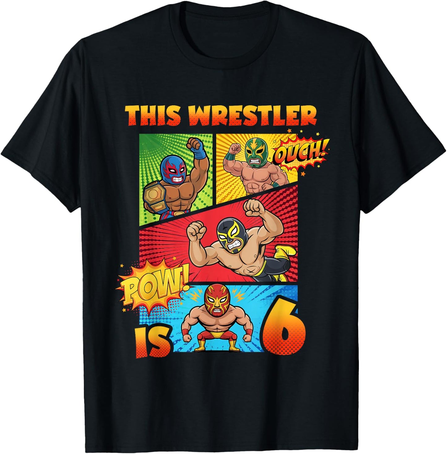 Wrestling 6th Birthday This Wrestler is 6 Cute Comic Book T-Shirt - T-Shirt | Black
