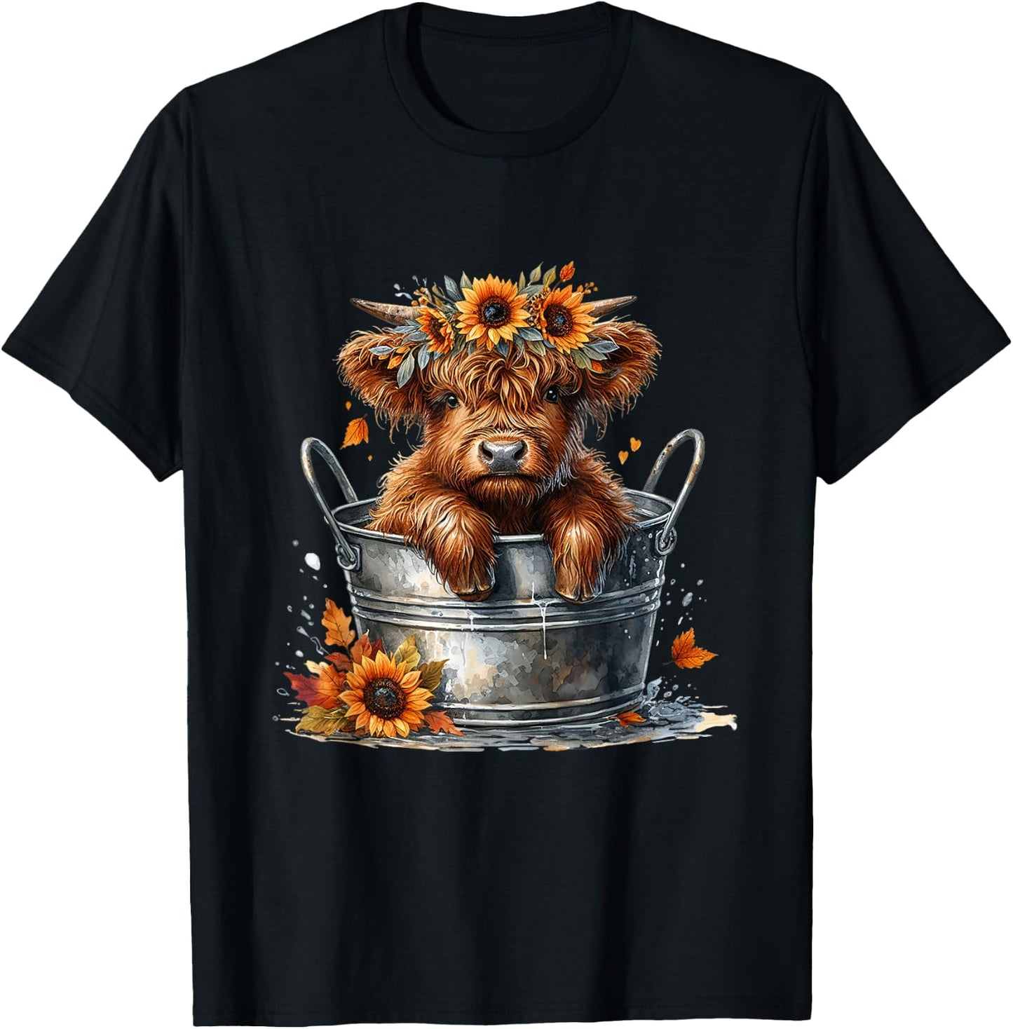 Highland Cow Sunflower It's Fall Y'all Farming Fall Vibes T-Shirt - T-Shirt | Black