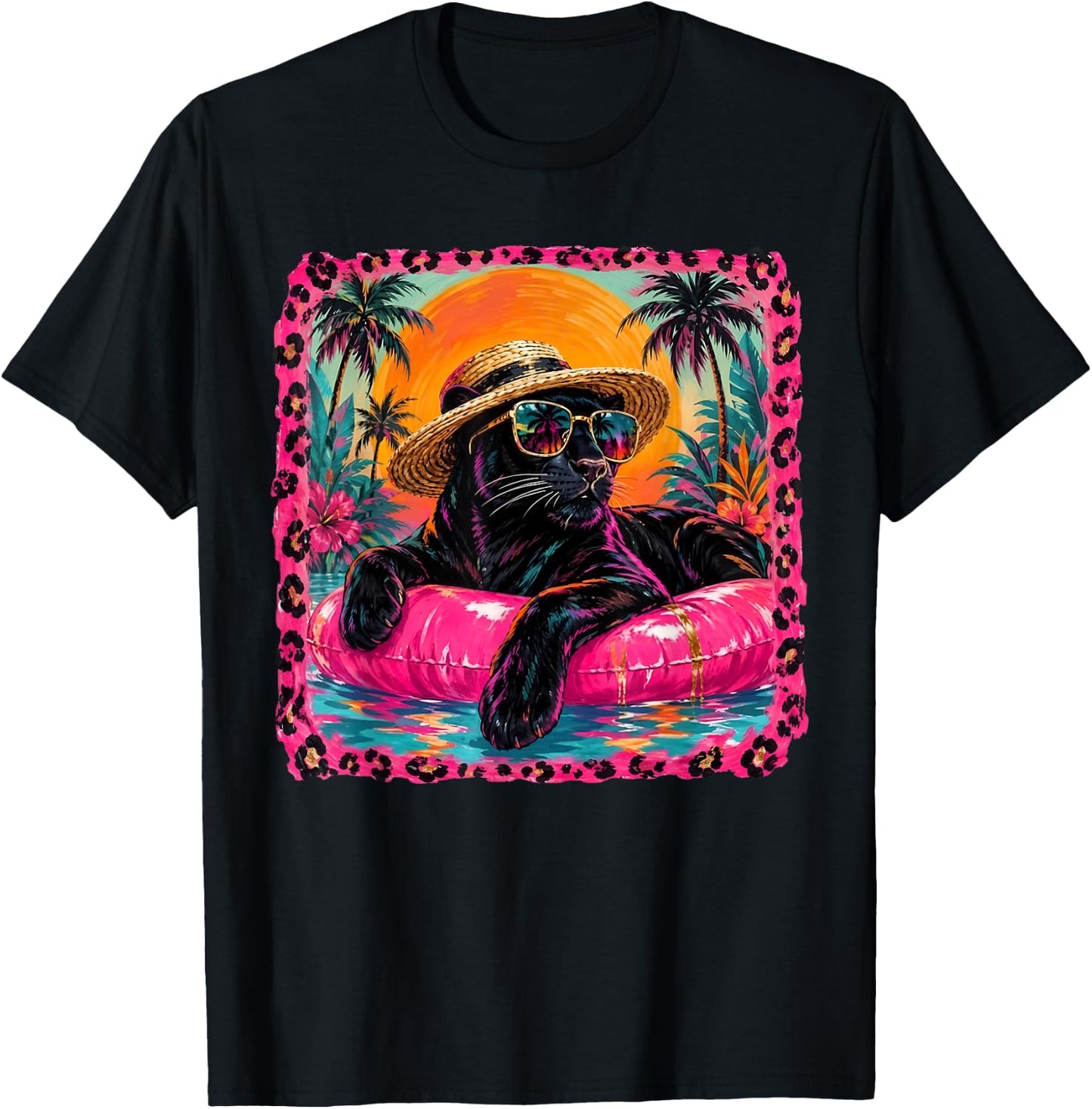 Leopard Summer Panther with Glasses Summer Vacation T-Shirt - T-Shirt | Black