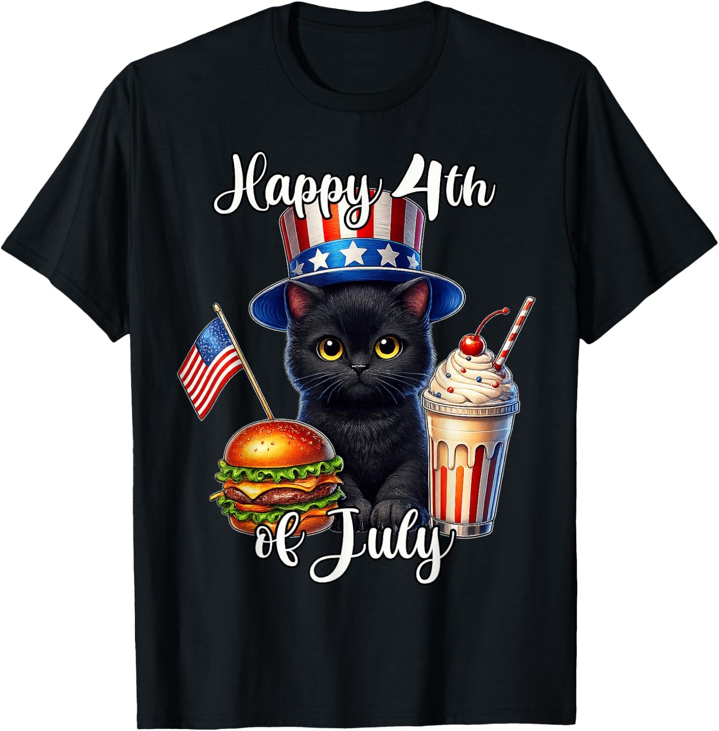 Black Cat Fourth of July American T-Shirt - T-Shirt | Black