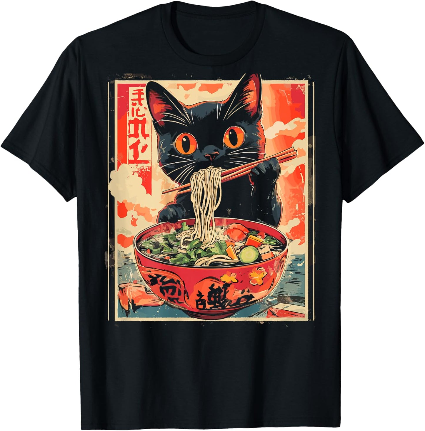 Cat Ramen Noodle Japanese Backprint , black T-Shirt - T-Shirt | Black