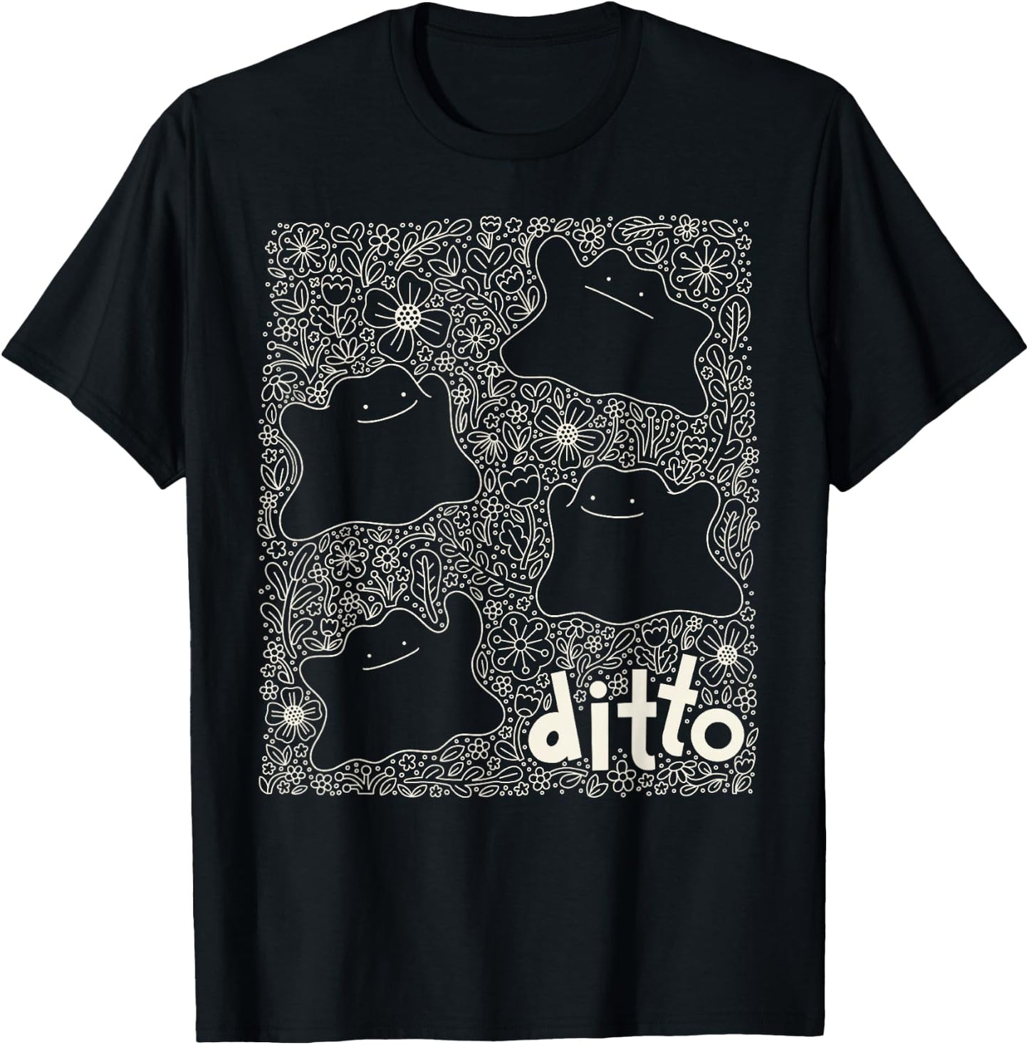 Pokémon - Generation 1 - Ditto Dainty Florals Background T-Shirt - T-Shirt | Black