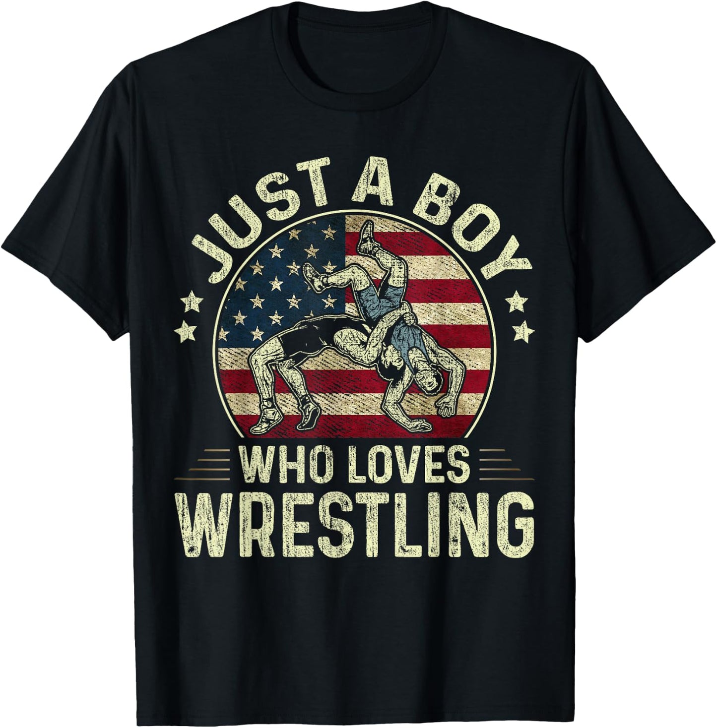 Just A Boy Who Loves Wrestling US Flag Patriotic Wrestler T-Shirt - T-Shirt | Black