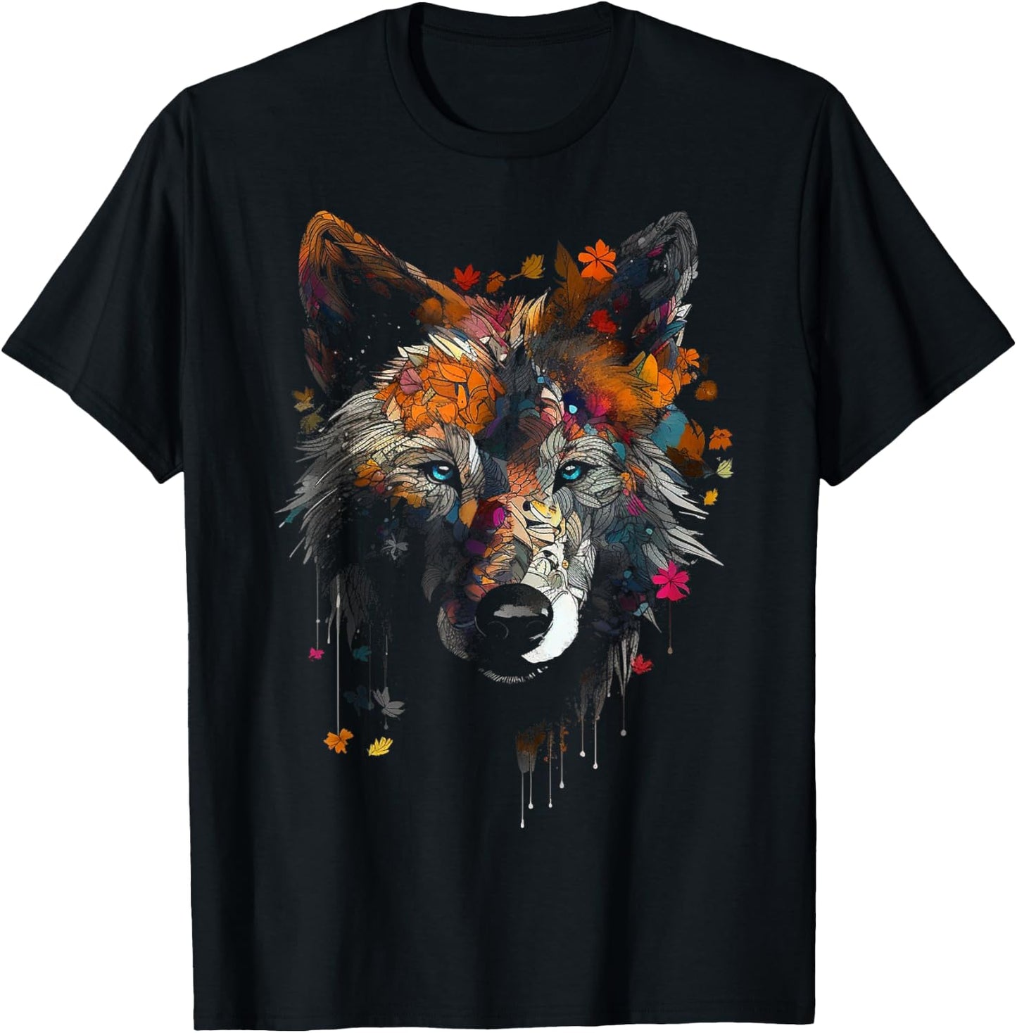 Wolf Herbst Blätter - Blaue Augen - Tier Kunst Motiv Wolf T-Shirt - T-Shirt | Black
