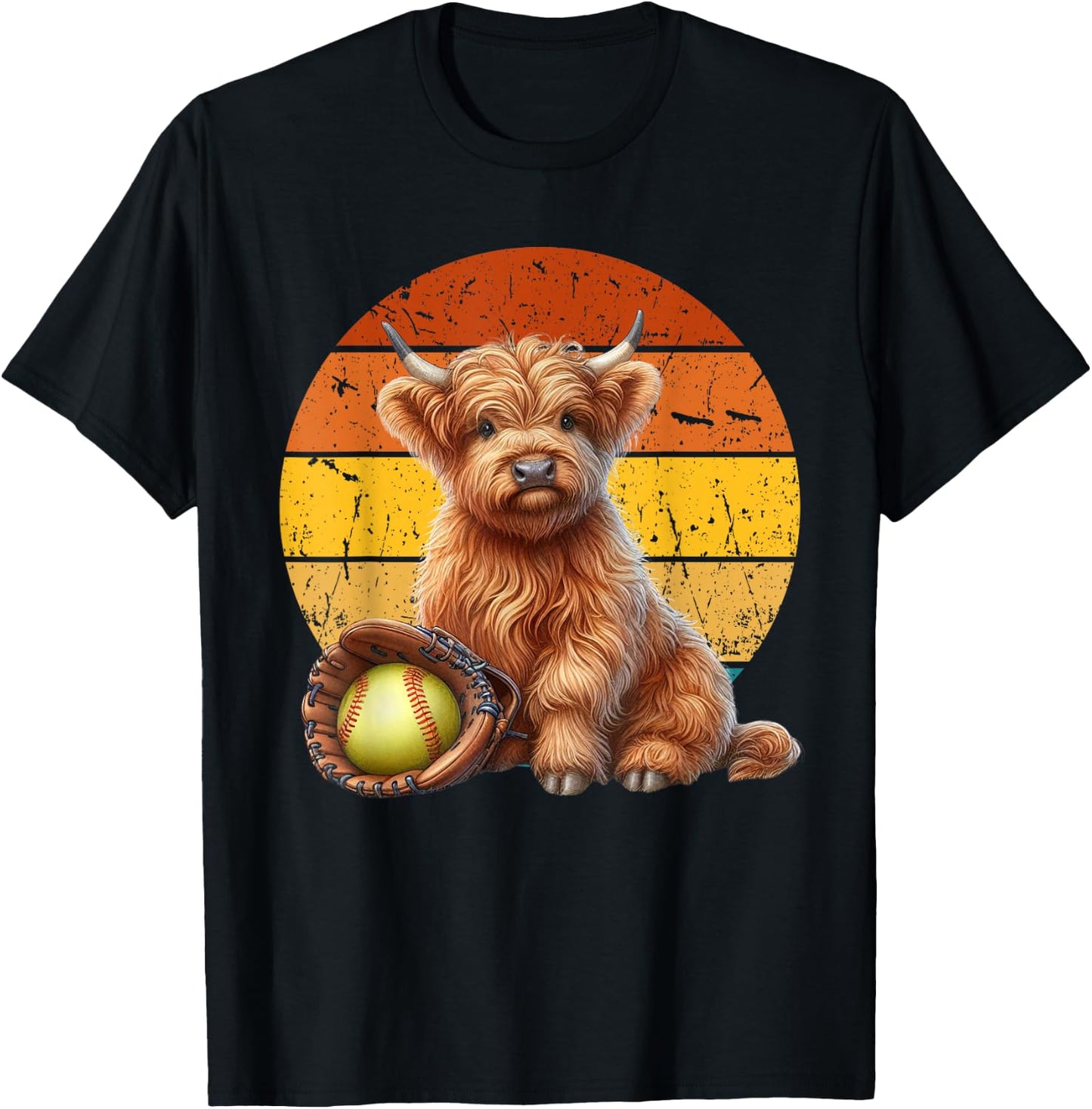 Cute Highland Cow Softball , Retro Sunset Softball T-Shirt - T-Shirt | Black