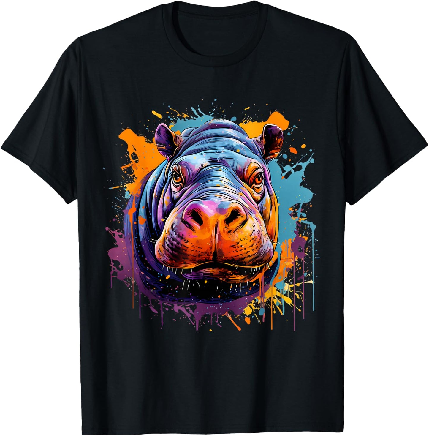 Hippo Hippopotamus Nature Portrait Colourful Splash Artwork T-Shirt - T-Shirt | Black