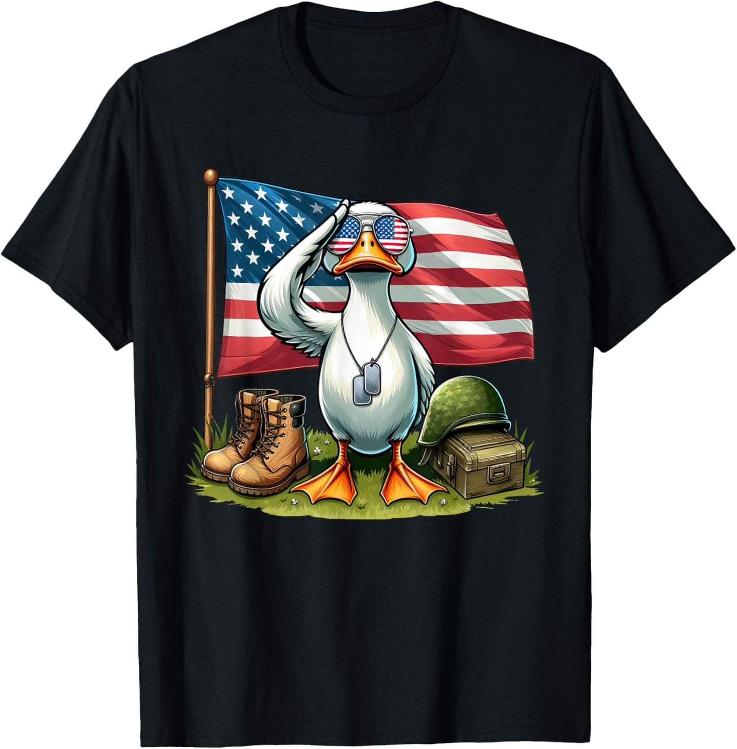 Salute Duck American USA Flag Memorial Day 4th of July Women Kids Men T-Shirt - T-Shirt | Black