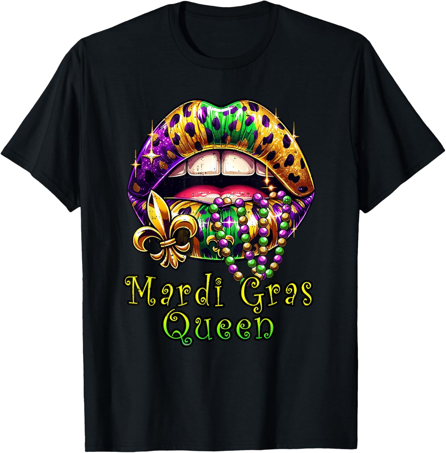 Mardi Gras Queen Lips Outfit Women Cheetah Leopard Print T-Shirt - T-Shirt | Black