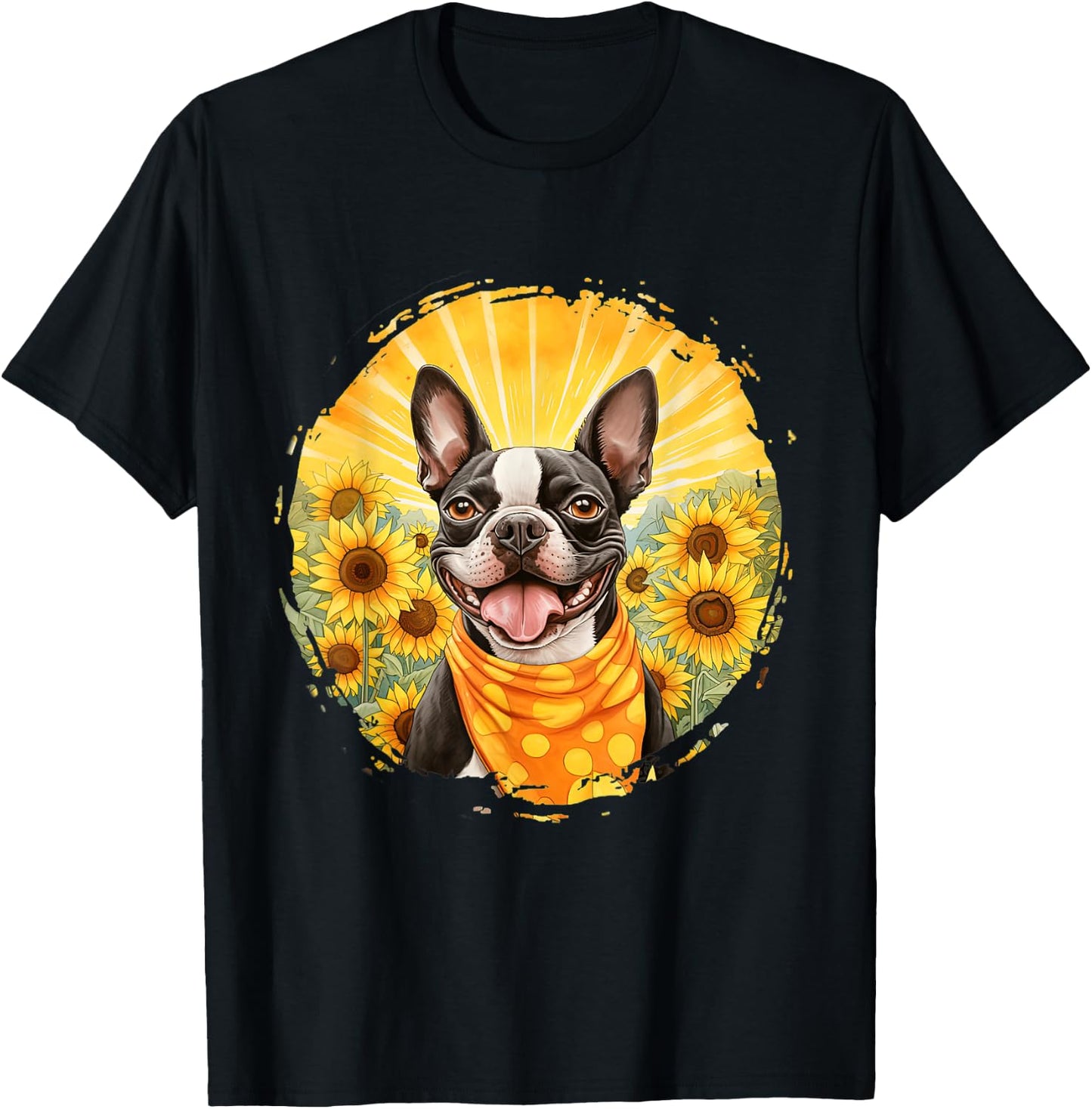 Boston Terrier Dog Vintage Bandana Headband Sunflower Field Men Women T-Shirt - T-Shirt | Black