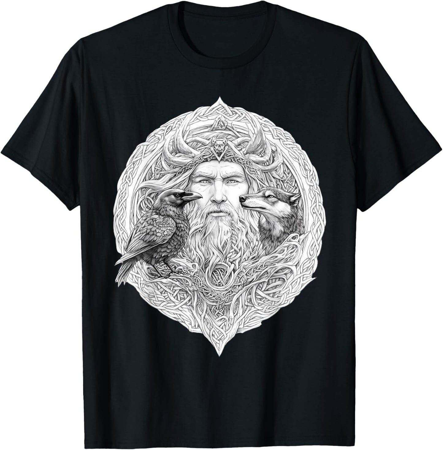 Odin Celtic Viking with Wolf and Odins Raven Valhalla Pagan T-Shirt - T-Shirt | Black