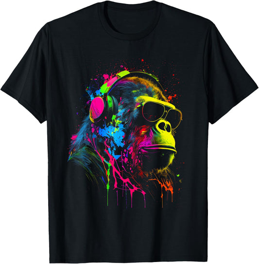 Monkey DJ with Headphones & Sunglasses Party Gorilla , black T-Shirt - T-Shirt | Black