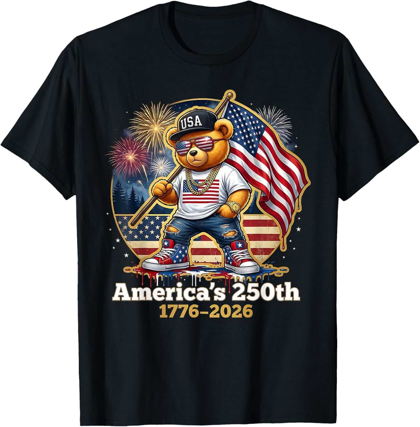 Patriotic Teddy Bear America's 250th Anniversary 1776 2026 T-Shirt - T-Shirt | Black