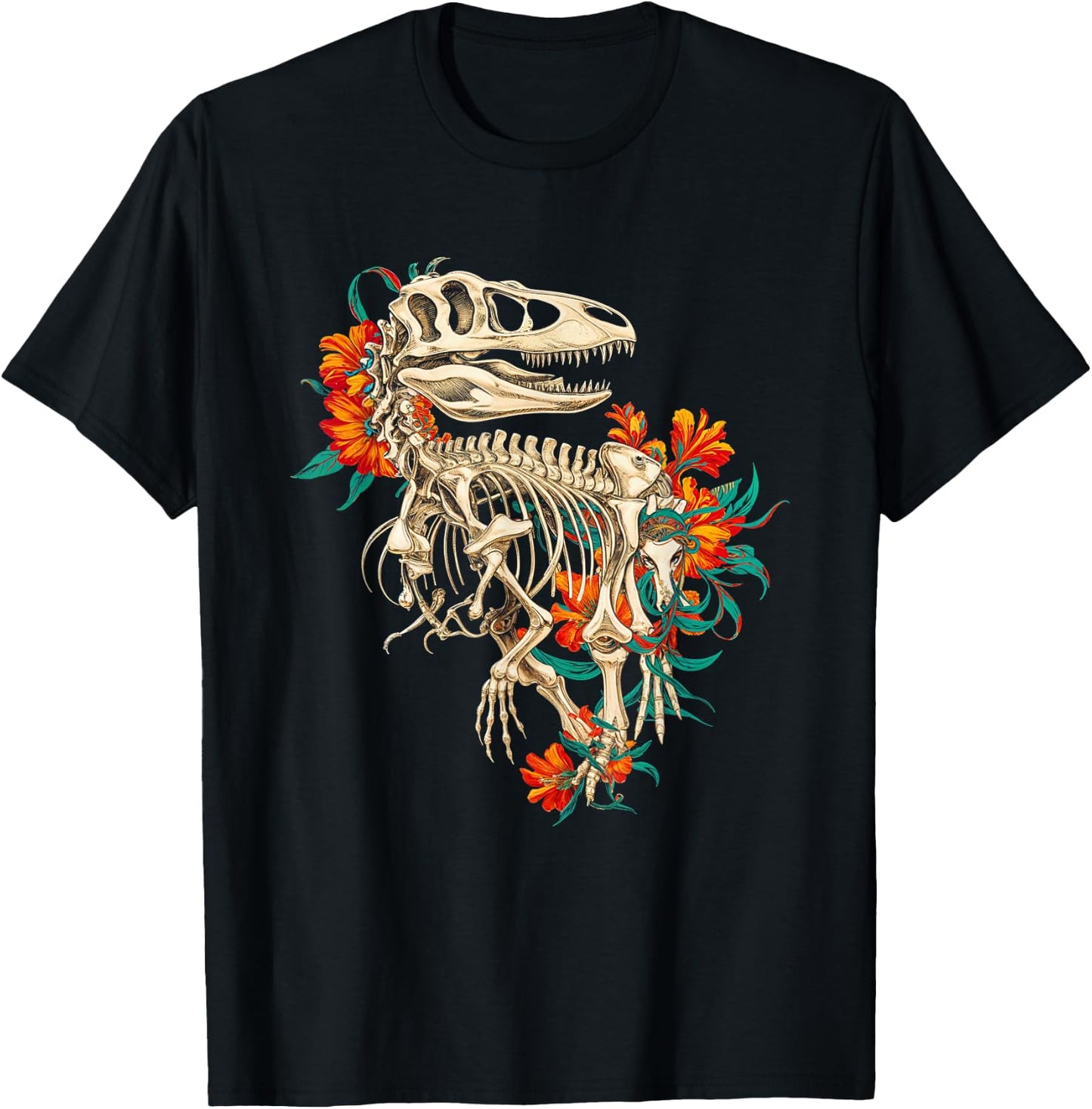 Rex Skeleton Dinosaur Floral Bones Paleontology Art T-Shirt - T-Shirt | Black