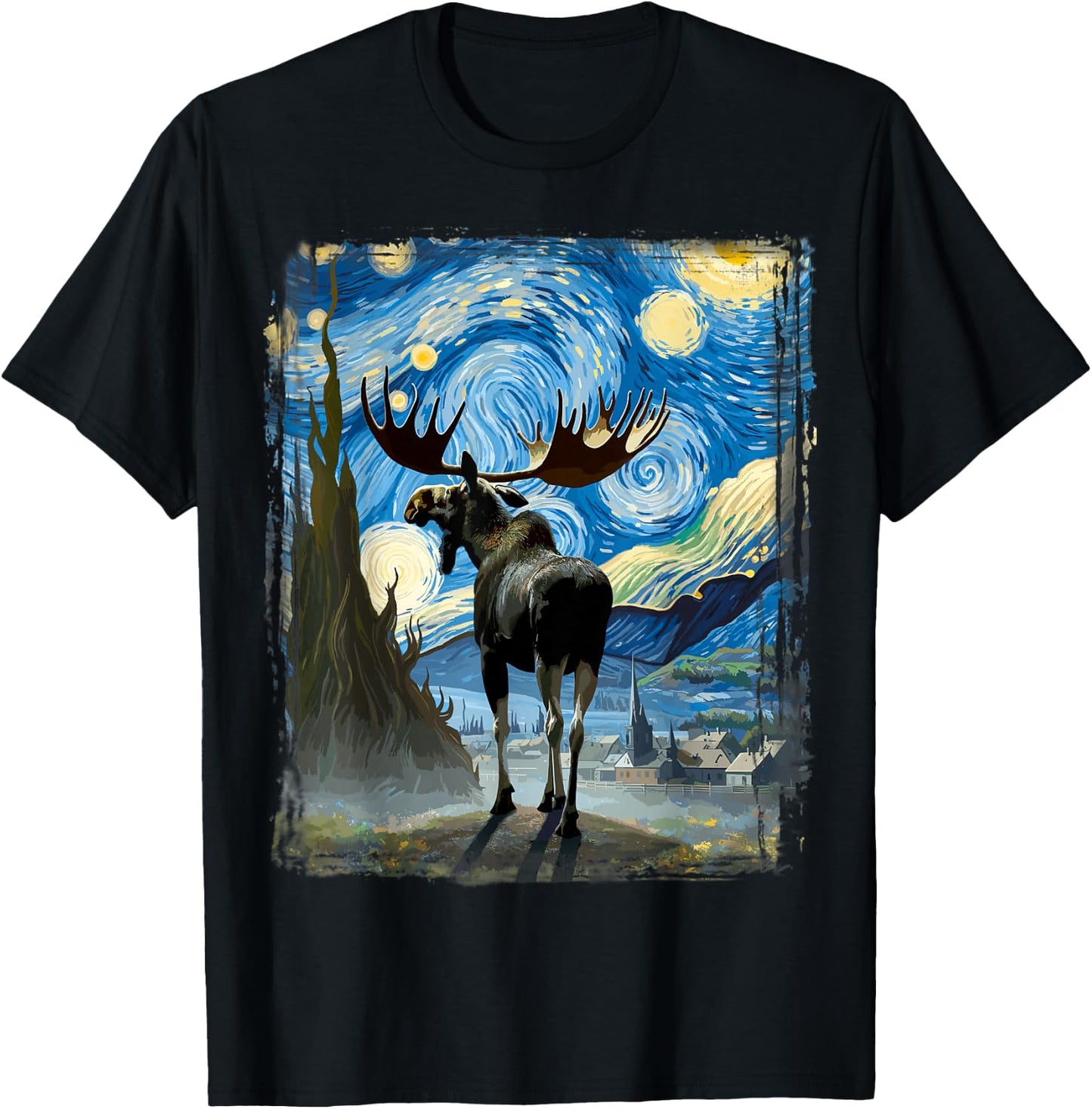 Moose Star Gazer Artistic Van Gogh Style Starry Night Moose T-Shirt - T-Shirt | Black