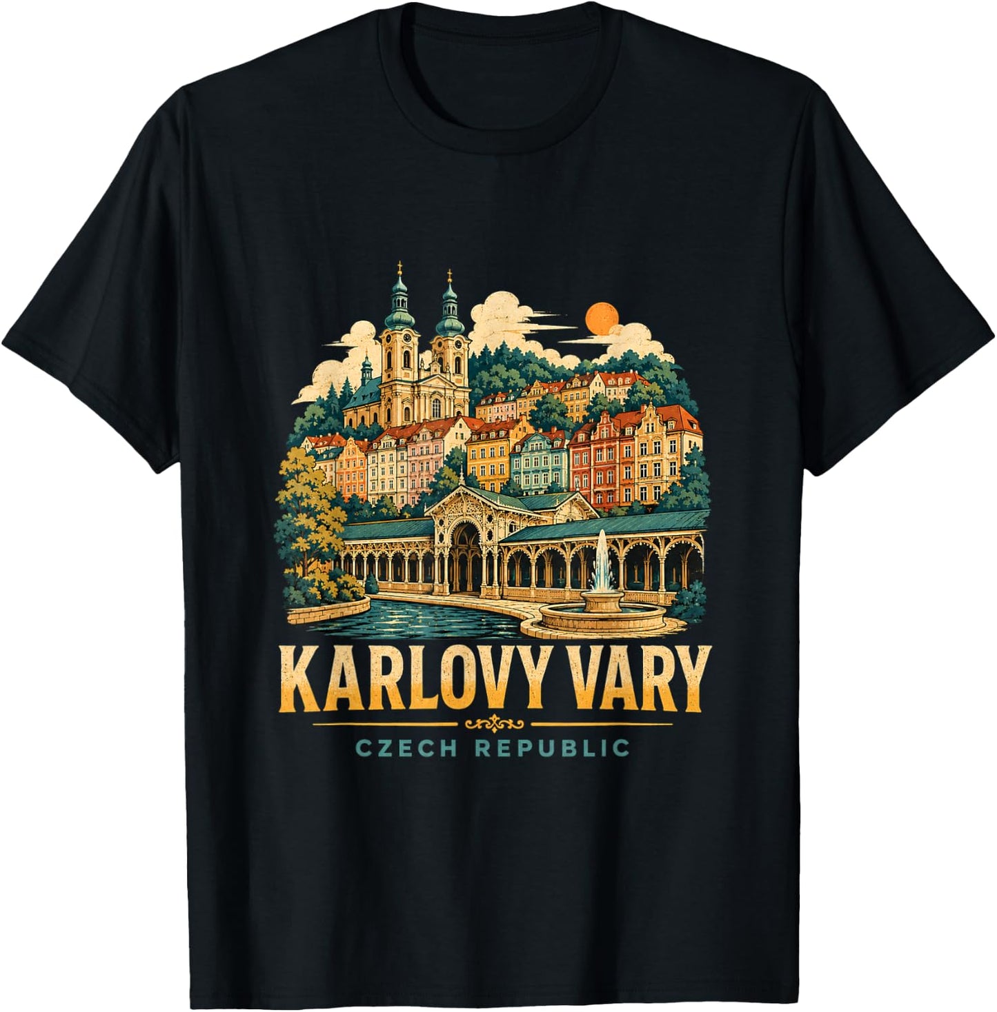 Vintage Karlovy Vary Czech Republic Travel Landmark Gift T-Shirt - T-Shirt | Black