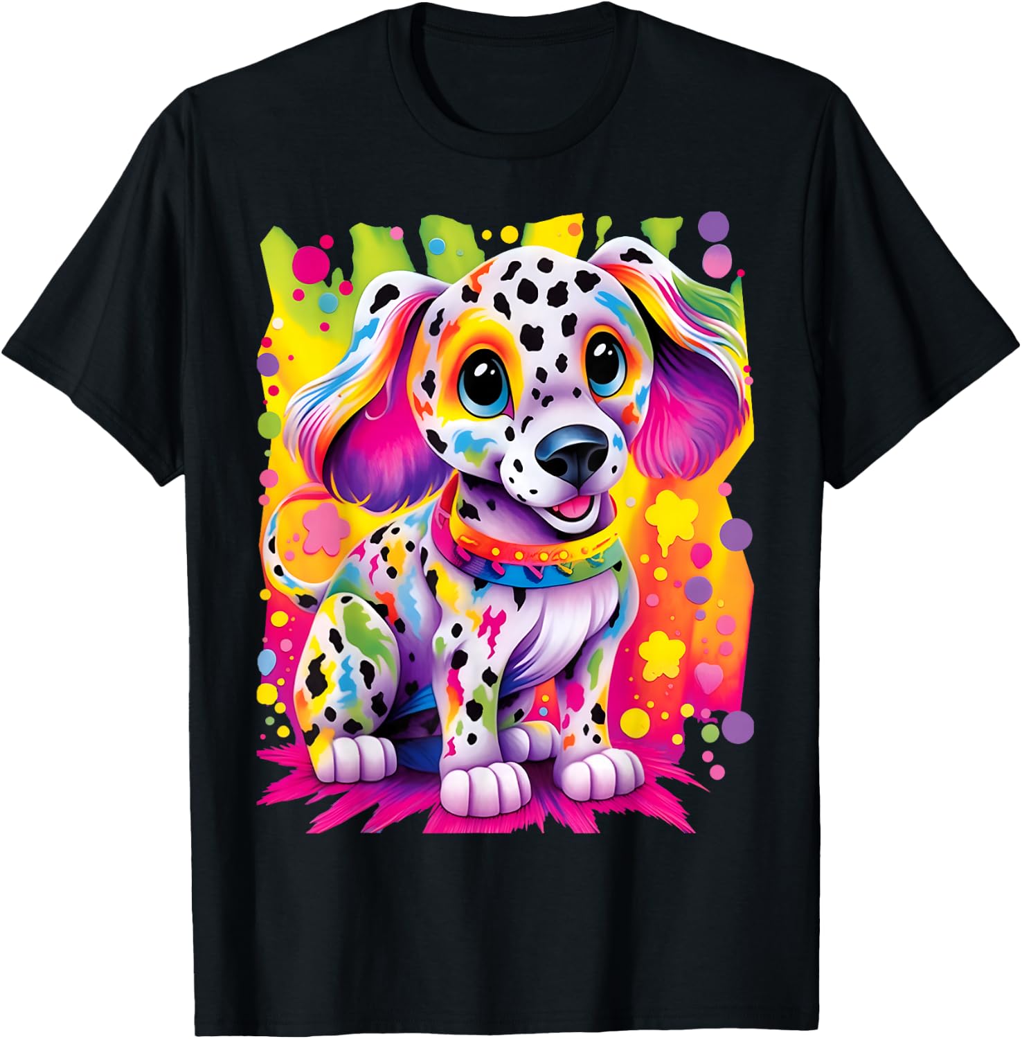 Little Dalmatian Puppy Colorful Rainbow Vibrant Graphic T-Shirt - T-Shirt | Black