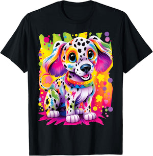 Little Dalmatian Puppy Colorful Rainbow Vibrant Graphic T-Shirt - T-Shirt | Black