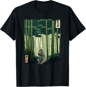 Japanese Bamboo Grove Woodblock Art Spiritual Nature Vintage T-Shirt - T-Shirt | Black
