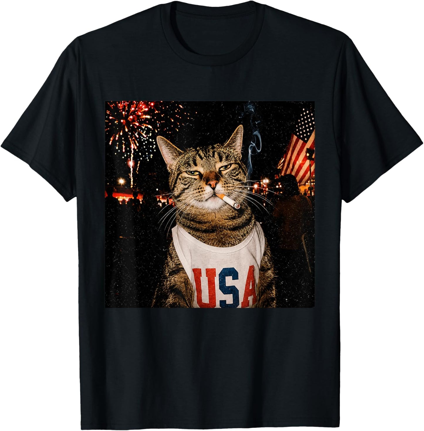 Patriotic Smoking Cat USA 4th of July Funny Cat Lover T-Shirt - T-Shirt | Black