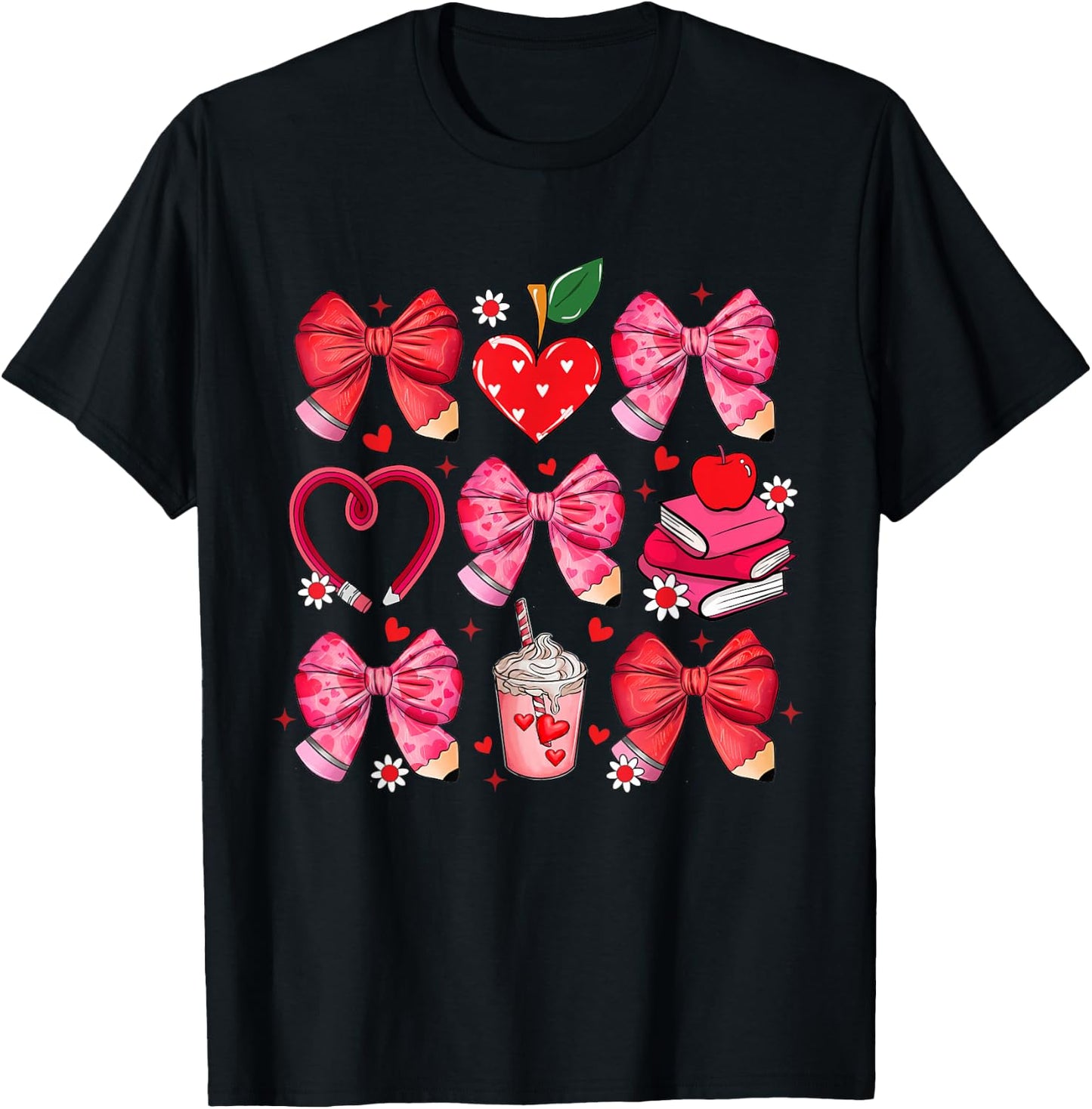 Bow Pencil Heart Apple Teacher Student Cute Back to School T-Shirt - T-Shirt | Black