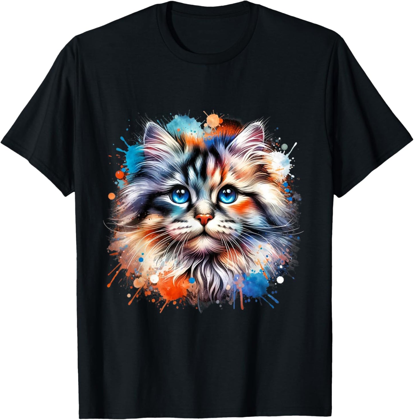 Watercolor Cat Art | Colorful Cat Design Cat Portrait T-Shirt - T-Shirt | Black