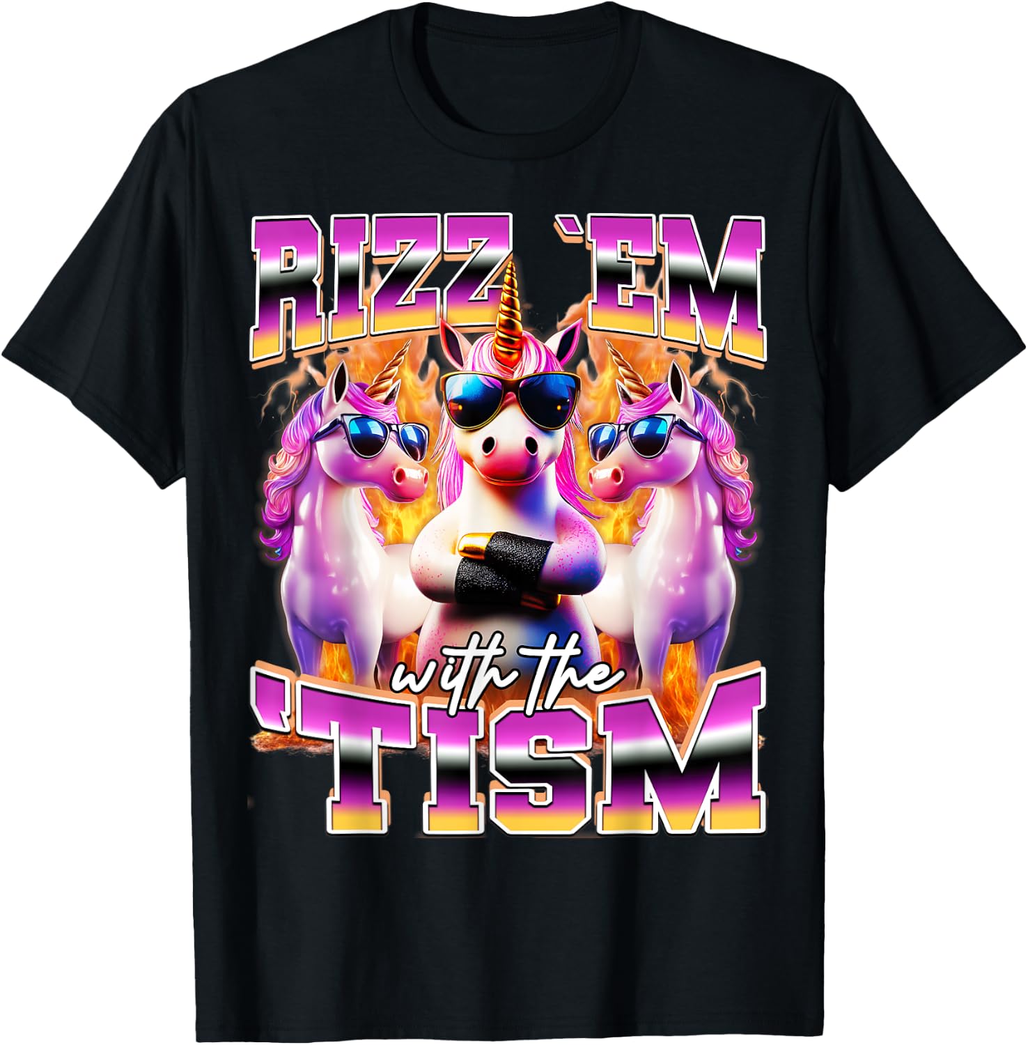 Rizz em With The Tism Funny Unicorn Sunglasses Meme Bootleg T-Shirt - T-Shirt | Black
