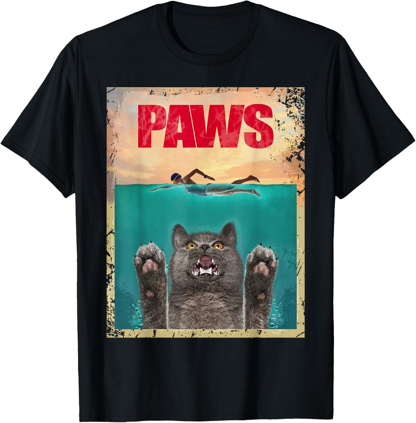 Movie Parody Paws Shark Feline Jaws Cat Lovers T-Shirt - T-Shirt | Black