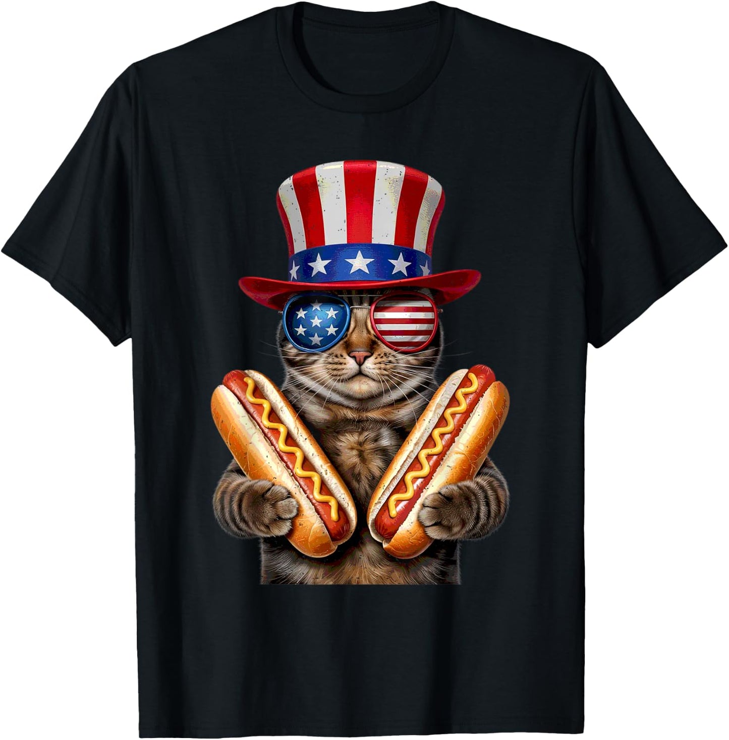 Cat Eating Hotdog 4th Of July American Flag Kitten Lover T-Shirt - T-Shirt | Black