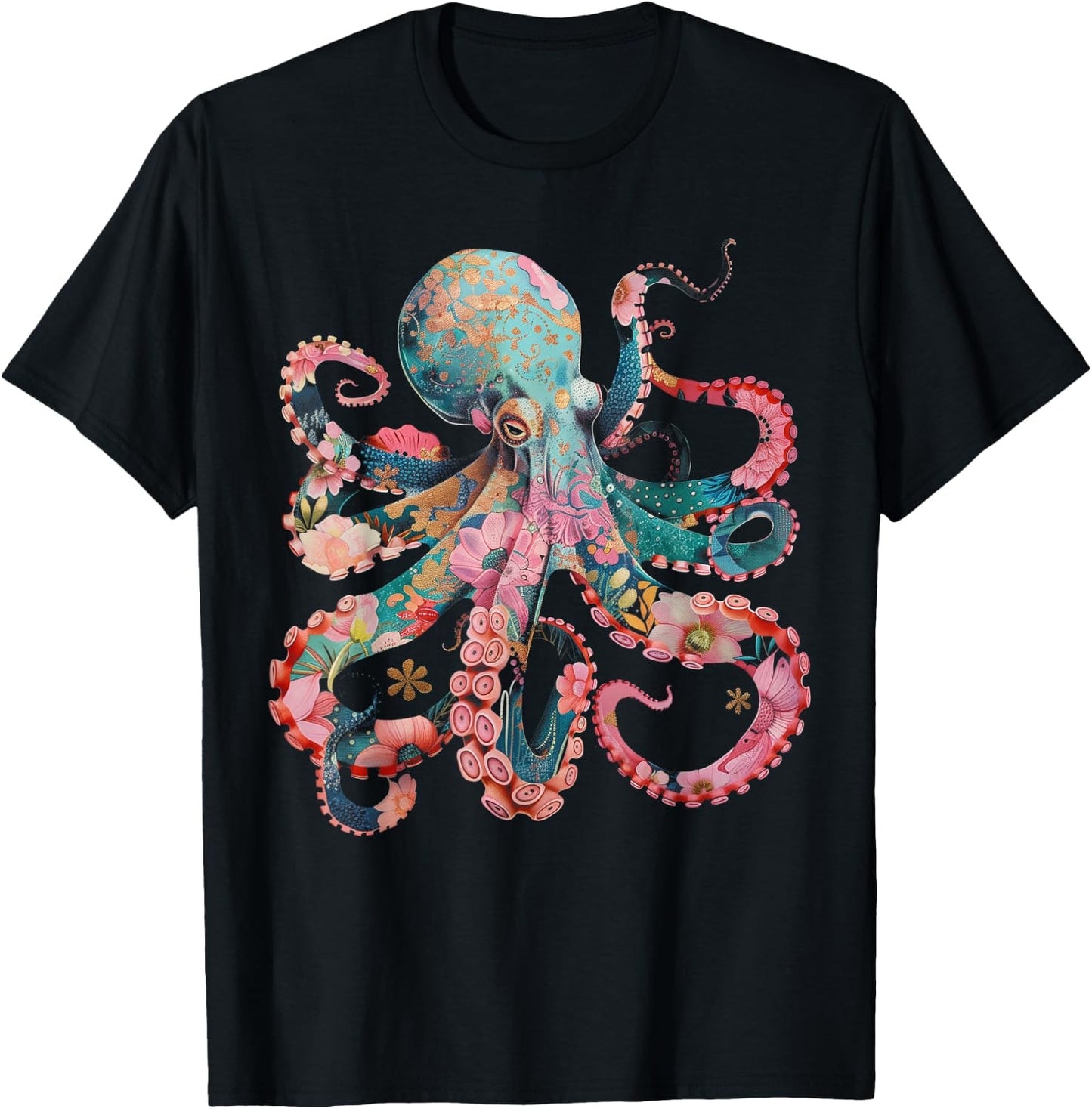 Octopus Floral Vintage Flowers Squid Kraken Scuba Diving T-Shirt - T-Shirt | Black