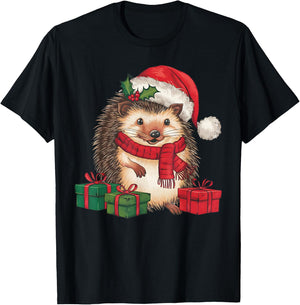 Xmas Lighting Santa Hat Hedgehog Christmas T-Shirt - T-Shirt | Black